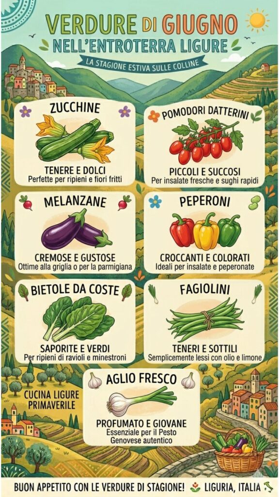 Una panoramica delle verdure di giugno nell'entroterra ligure.