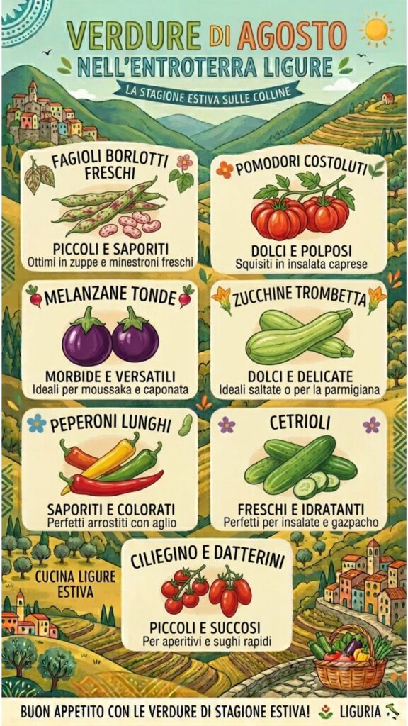 Infografica Le verdure di agosto nell'entroterra ligure.