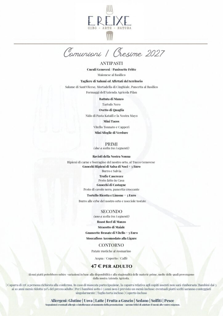 Battesimi cresime comunioni 2027 E Reixe Agriturismo Sant'Olcese